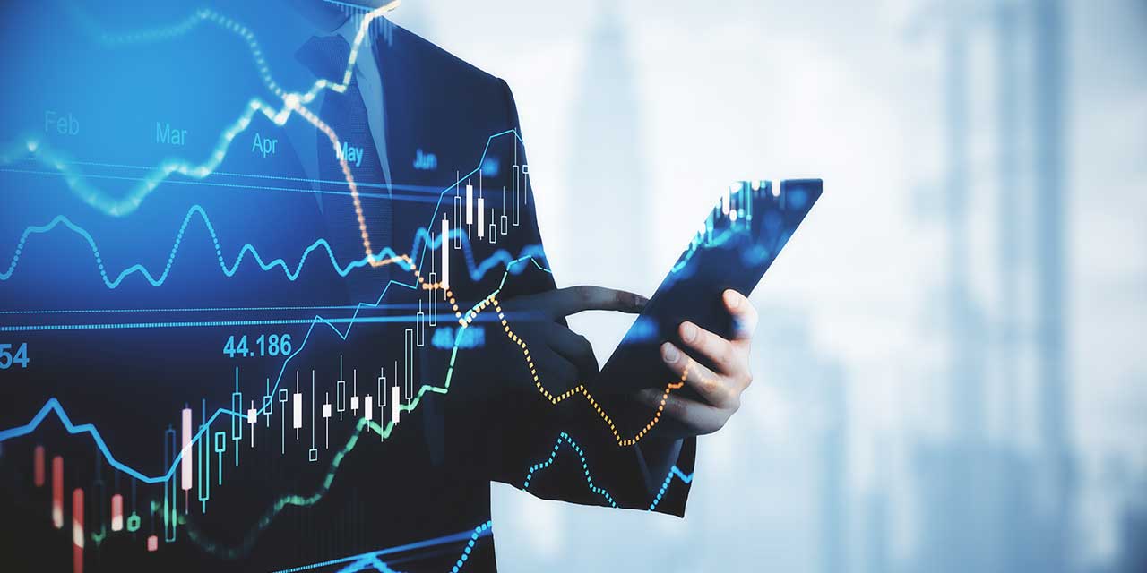 Images of a person holding a cell phone with an overlaid image of a stock chart