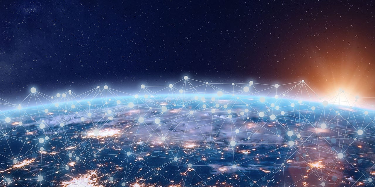 Globe overlaid with network connections.