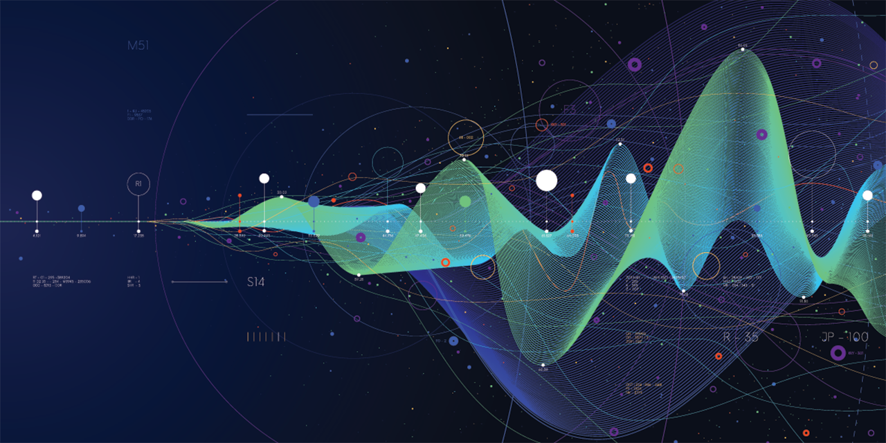 Abstract digital chart with multicolored waves and data points illustrating market volatility and financial analytics.