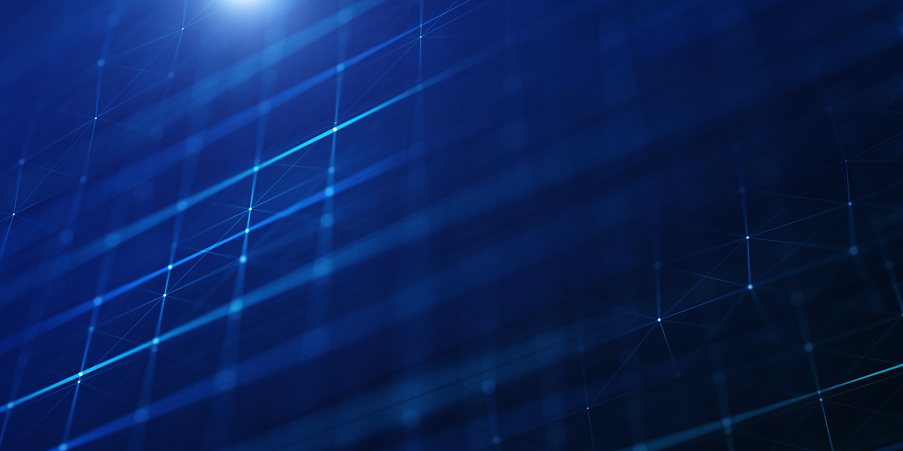 Blue abstract background with glowing grid lines and intersecting points forming a digital pattern.