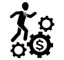 Icon images: Stick figure standing on a gear containing a dollar sign