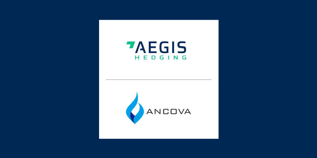 Aegis Hedgin and Ancova logos on blue background.