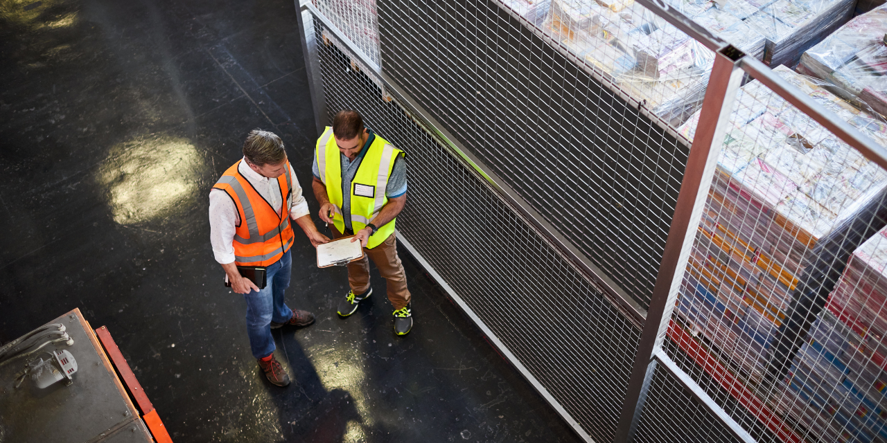 Safety engineers looking at a clipboard on a factory floor