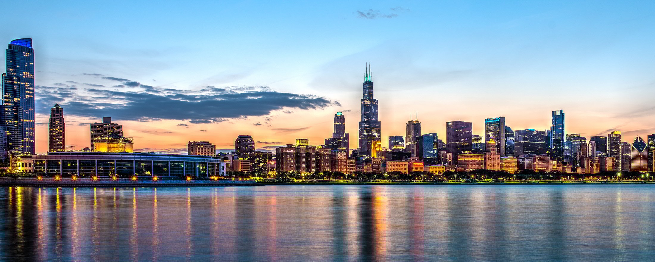 Chicago skyline at sunset