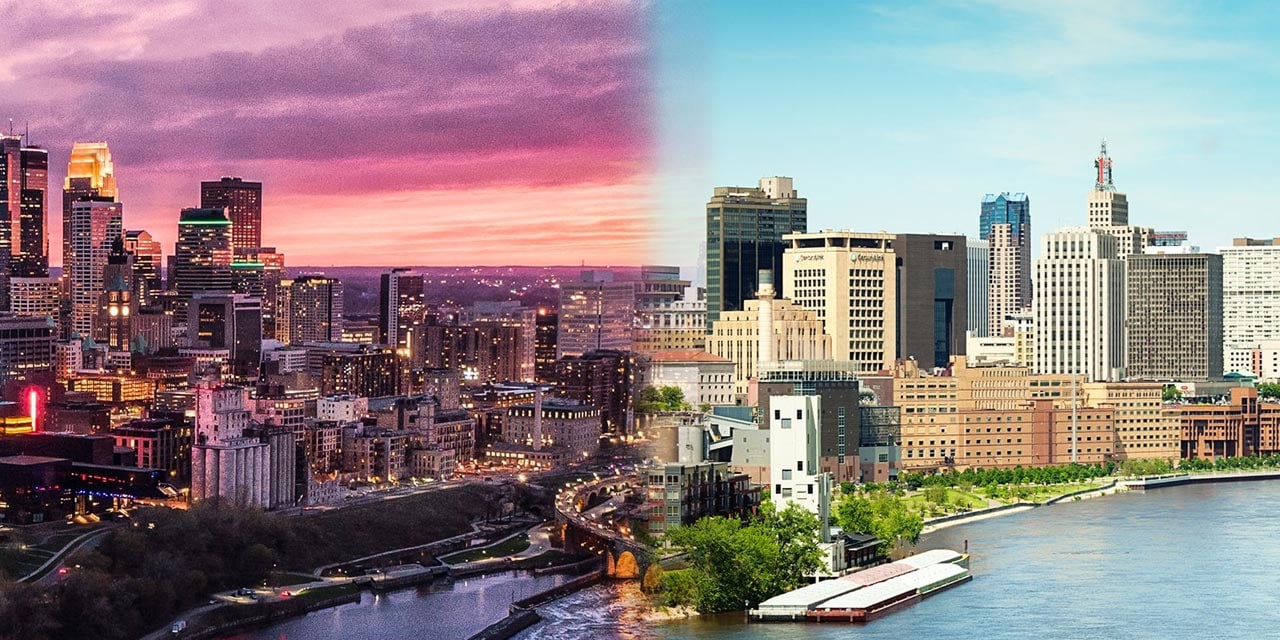 Composite photo of Minneapolis and St. Paul skylines