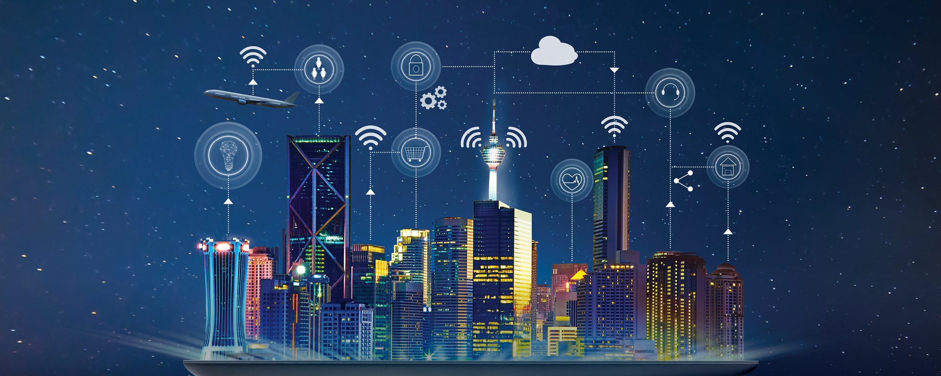 Illustration of a city with digital icons floating over buildings.