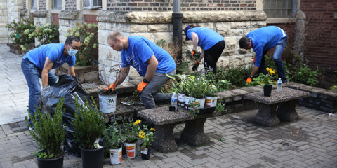 Baird Capital associates volunteering in a garden.