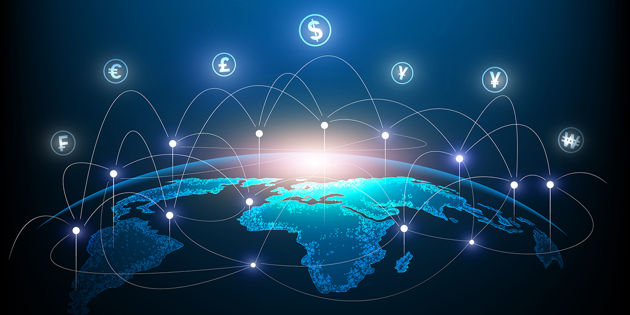 Abstract image of the earth with currency symbols floating over the image