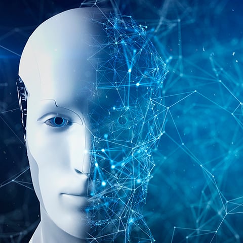 Futuristic robotic head with metallic surface against a blue digital network background.