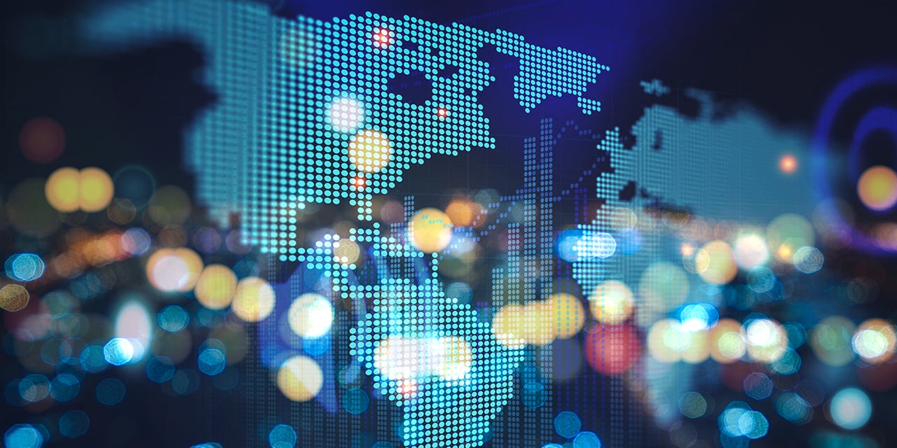 Illustration of the earth superimposed over blurred lights