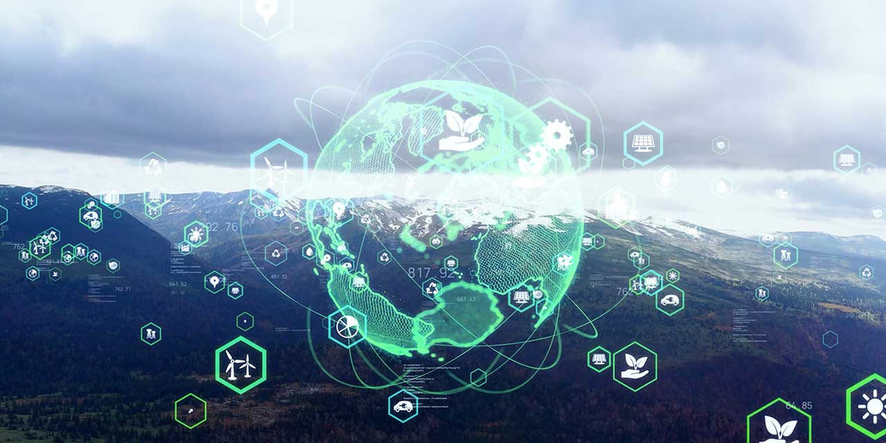 Abstract image of a globe superimposed over a photo of landscape
