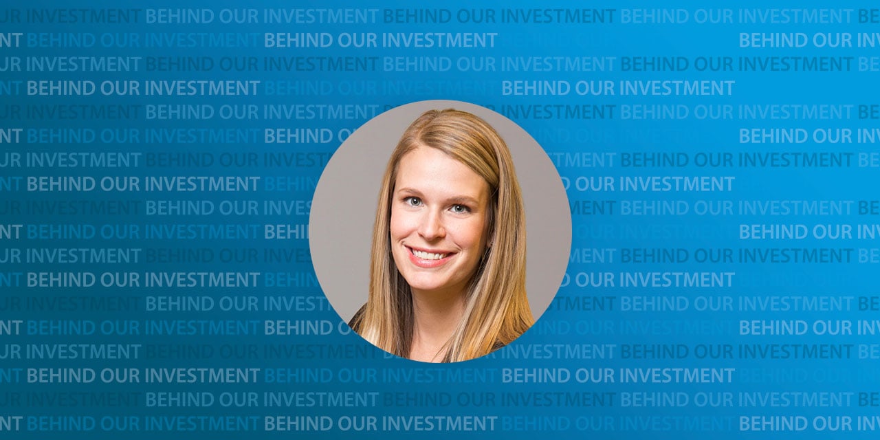 Headshot of Joanna Arras with background text 'Behind Our Investment'