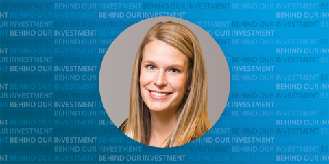 Joanna Arras headshot with Behind the Investment text as a background