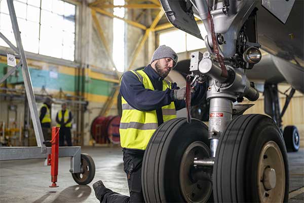 Mechanic working on the wheels of an airplane