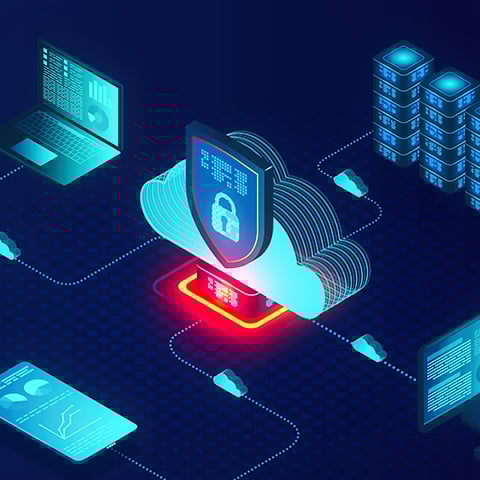 Cloud computing security concept with shield icon, servers, and connected data lines in blue tones.