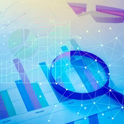 Magnifying 
glass on financial charts with connected data points and network lines overlay