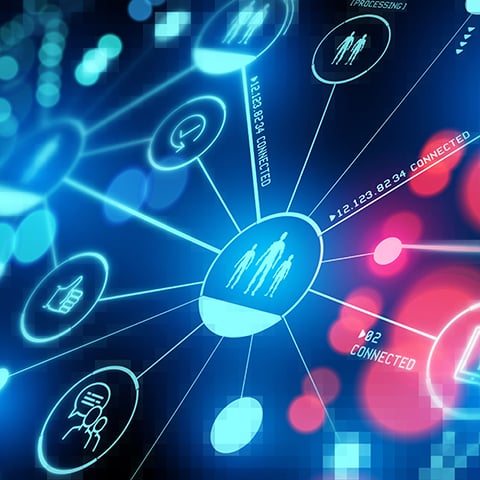 Digital network interface showing connected icons for communication, data, and social interaction.