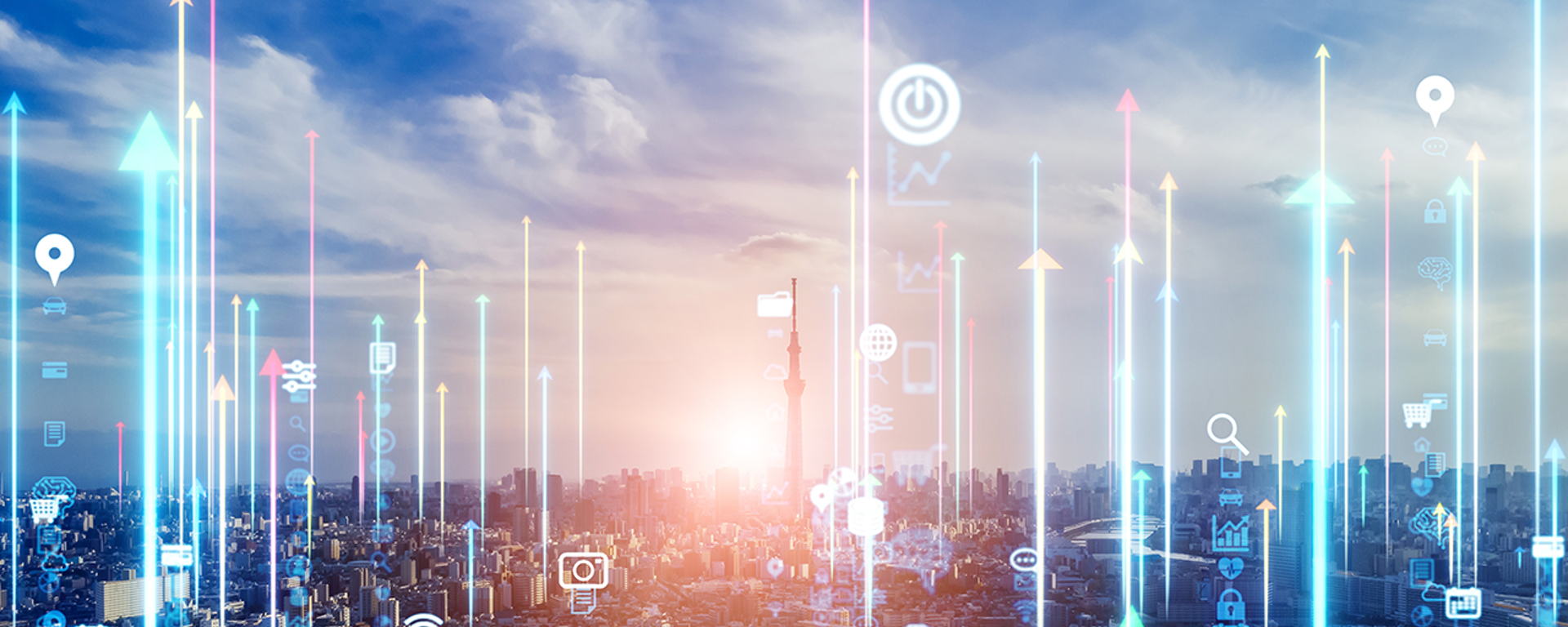 Image of a skyline and electronic arrows representing a smart city